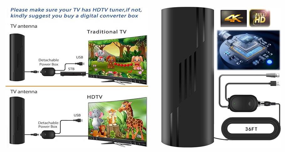 هوائي تلفزيون رقمي 100+ ميل مع معزز إشارة 4K مقاوم للمياه IPX7 – داخلي وخارجي